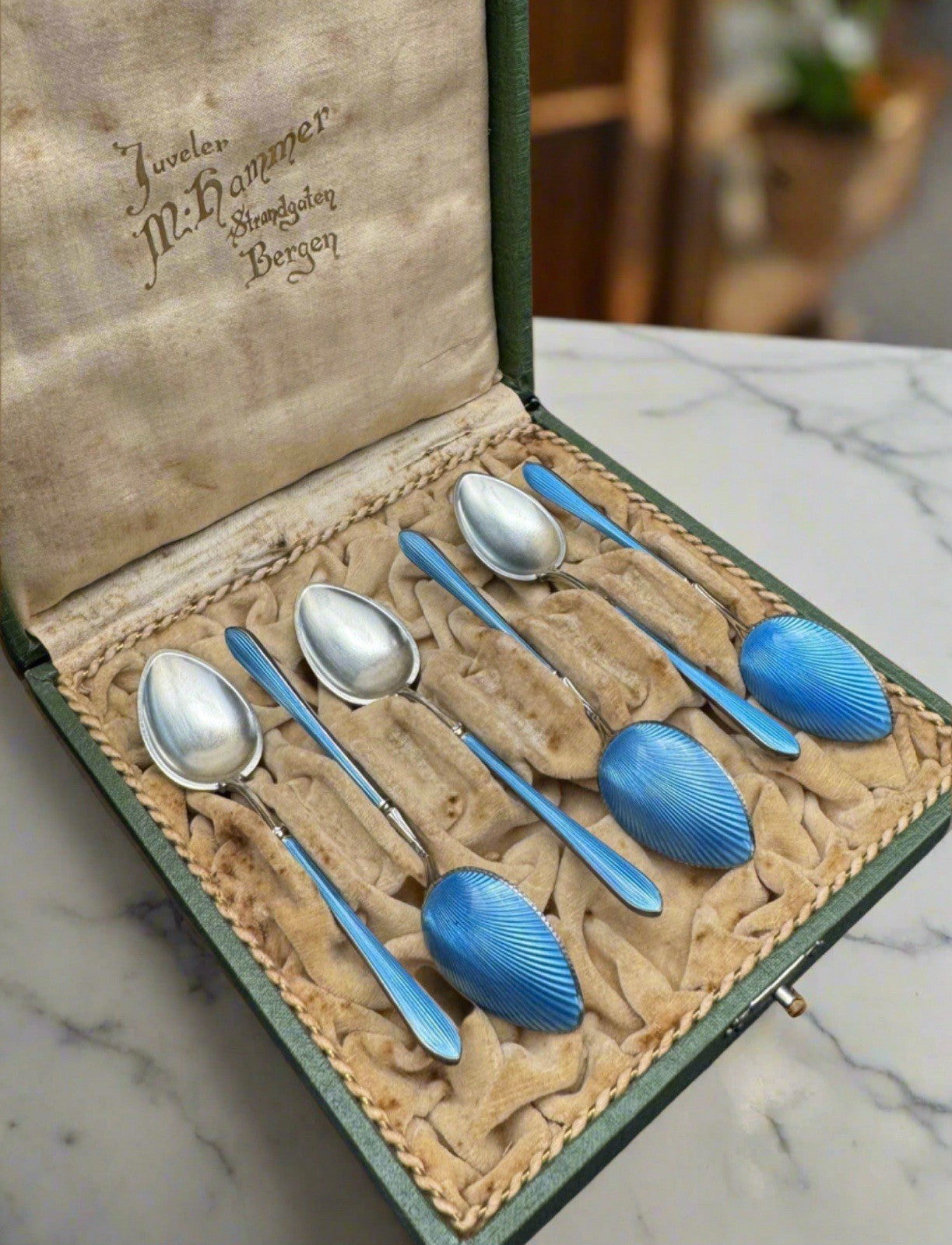 6 Edwardian STYLE  BLUE Guilloche Sterling Silver Demitasse Spoons w/ Box