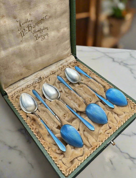 6 Edwardian STYLE  BLUE Guilloche Sterling Silver Demitasse Spoons w/ Box