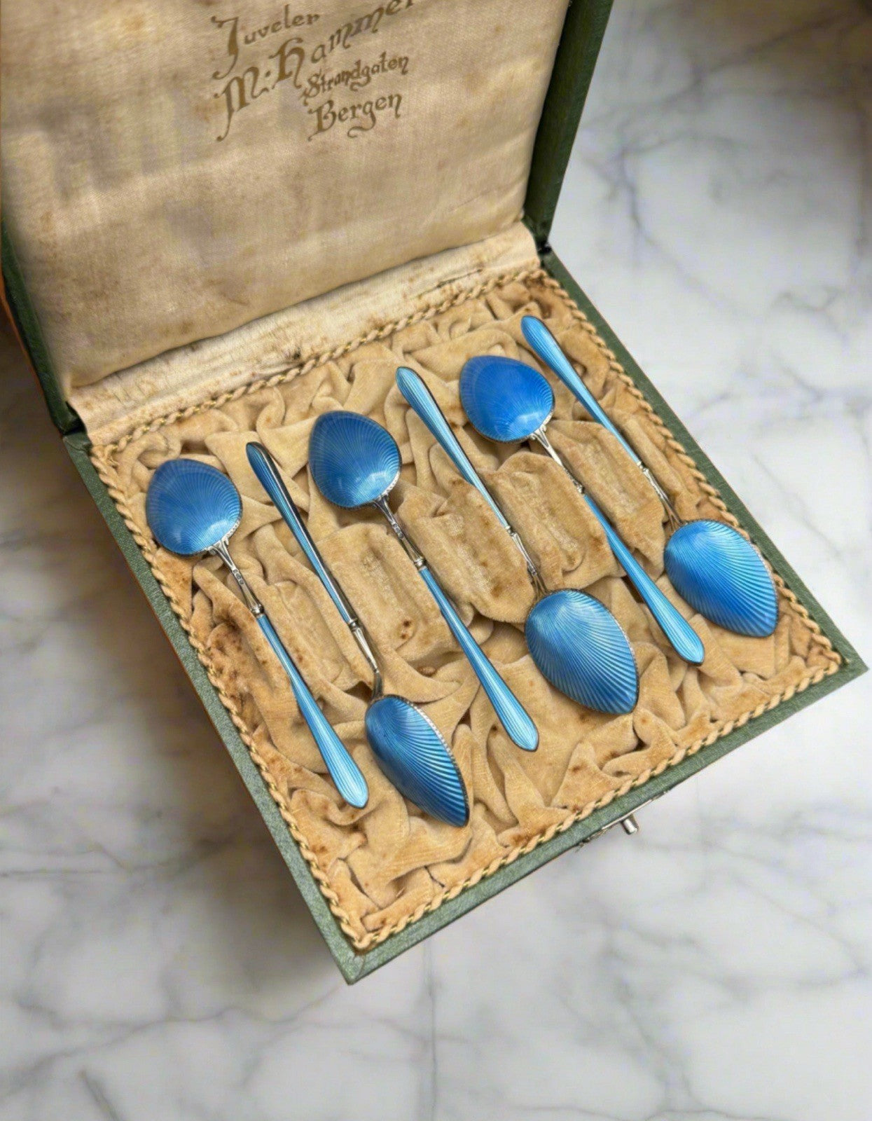 6 Edwardian STYLE  BLUE Guilloche Sterling Silver Demitasse Spoons w/ Box