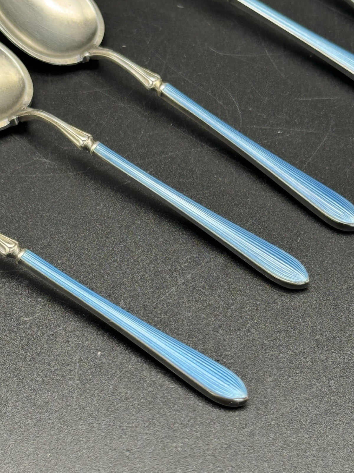 6 Edwardian STYLE  BLUE Guilloche Sterling Silver Demitasse Spoons w/ Box