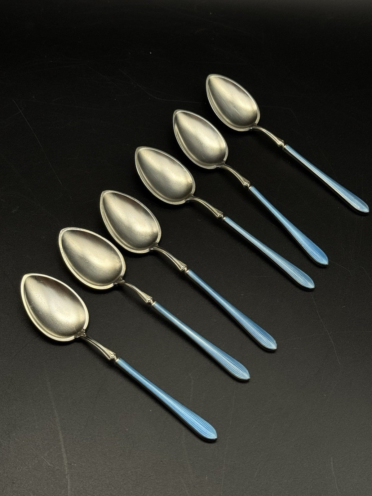 6 Edwardian STYLE  BLUE Guilloche Sterling Silver Demitasse Spoons w/ Box