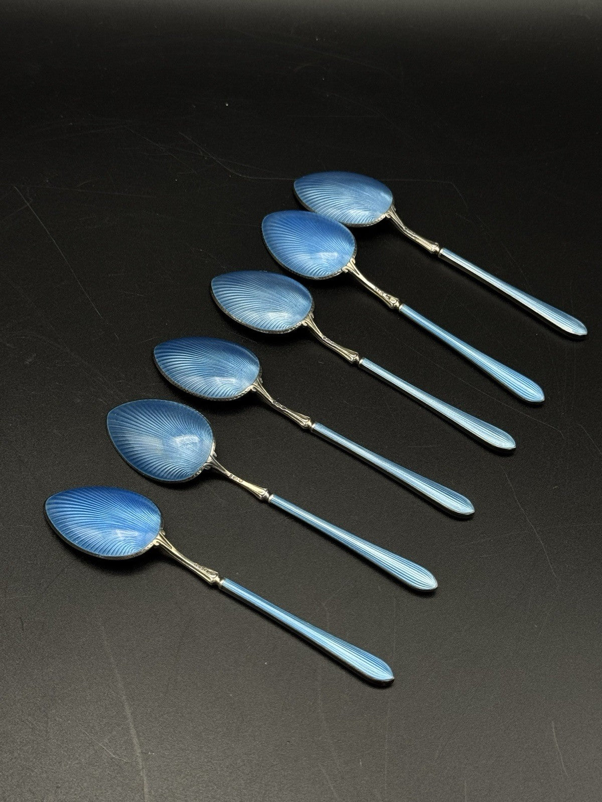 6 Edwardian STYLE  BLUE Guilloche Sterling Silver Demitasse Spoons w/ Box