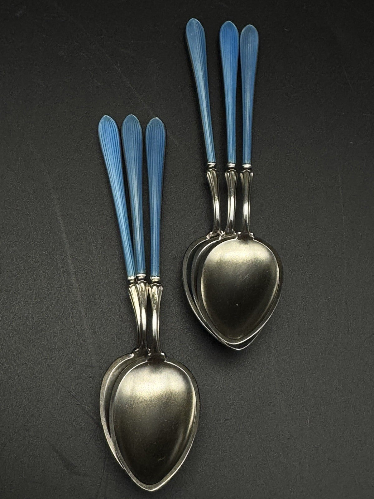 6 Edwardian STYLE  BLUE Guilloche Sterling Silver Demitasse Spoons w/ Box