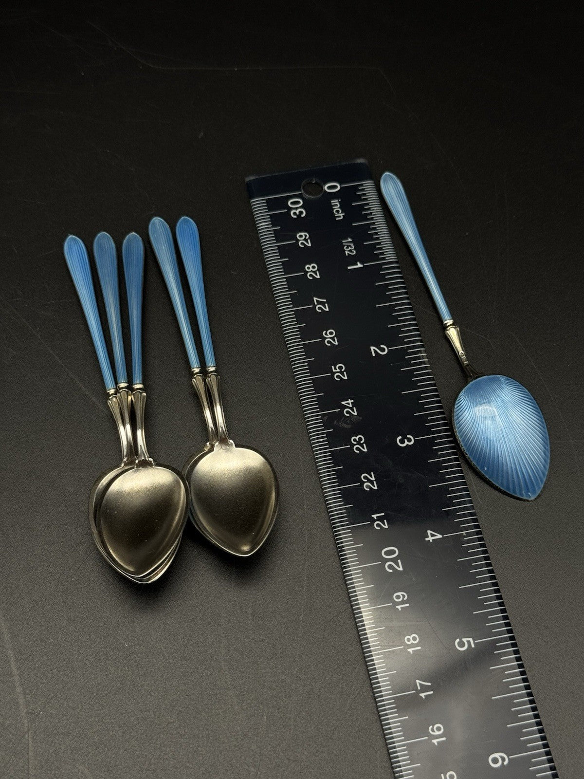 6 Edwardian STYLE  BLUE Guilloche Sterling Silver Demitasse Spoons w/ Box