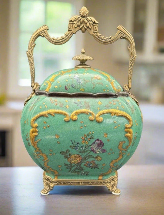 Vintage WONG LEE Green Gilt Bronze Handled Exquisite Biscuit Box RARE FIND