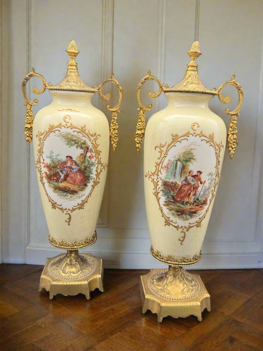 French Style Porcelain Gilt Ormolu Urns Signed Lebrun ESTATE FIND