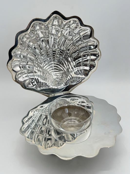 Caviar Dish Queen Plate Brazil Silverplate Shell w/ Glass Insert Vintage 9”