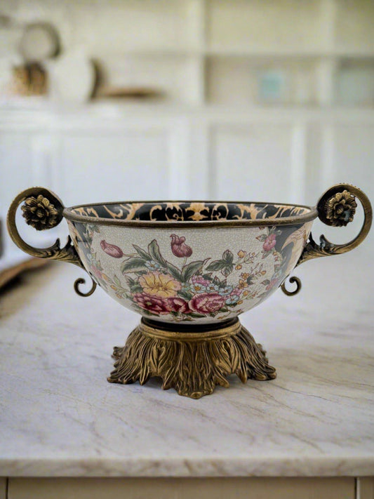 Chinese Export Crackle Glaze Center Piece Ormolu Style Handles ESTATE FIND