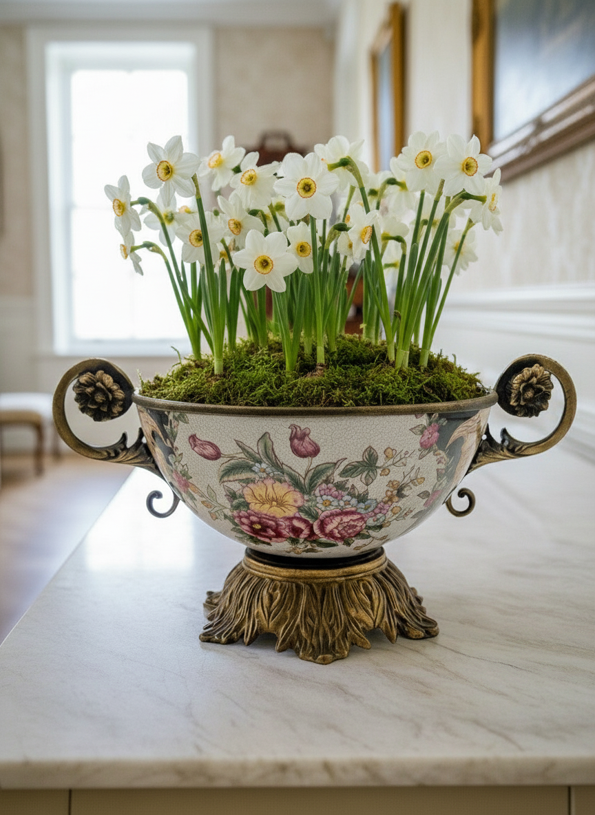 Chinese Export Crackle Glaze Center Piece Ormolu Style Handles ESTATE FIND