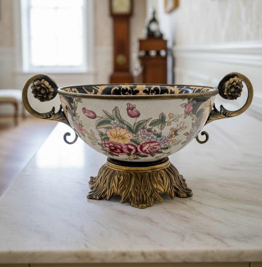 Chinese Export Crackle Glaze Center Piece Ormolu Style Handles ESTATE FIND