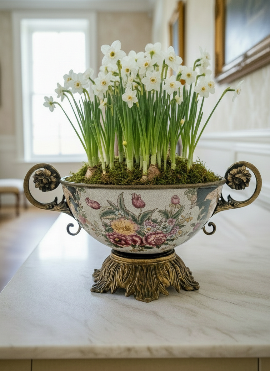 Chinese Export Crackle Glaze Center Piece Ormolu Style Handles ESTATE FIND