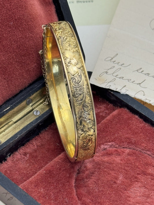 Vintage Gold-Filled Bangle Bracelet Floral Etched SIGNED - SIMMONS Betsy Ross