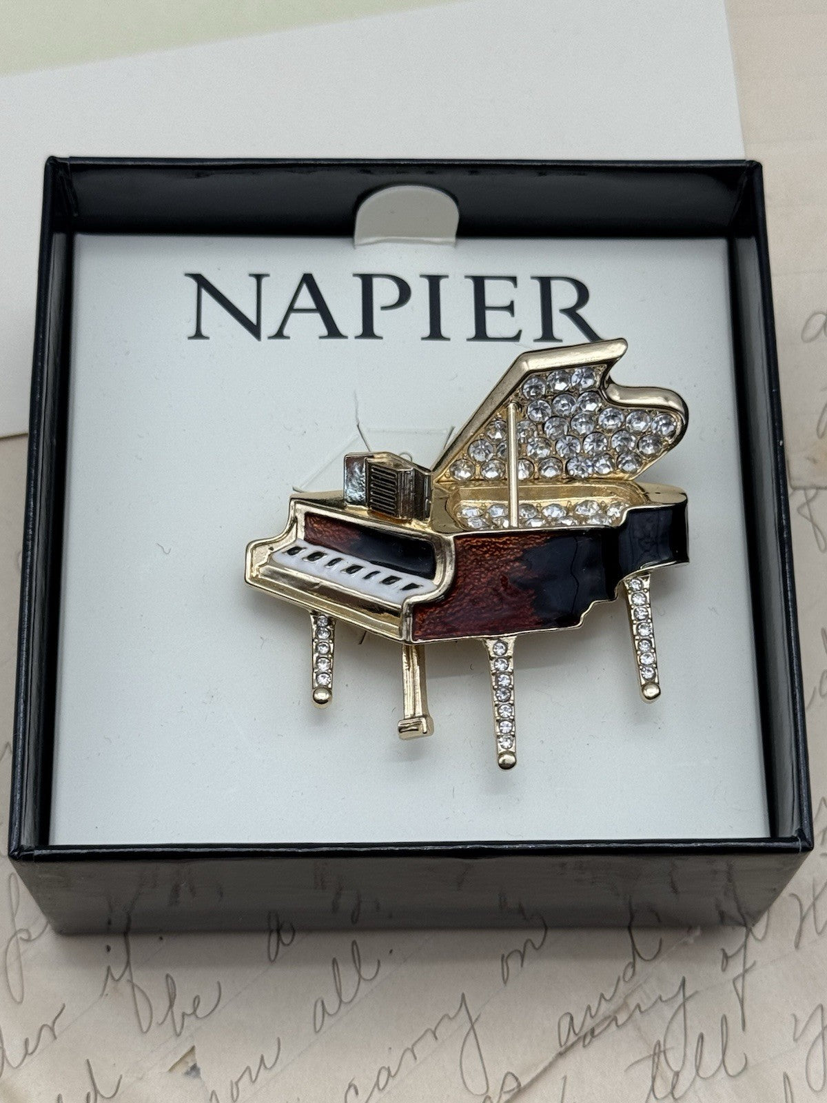 Vintage NAPIER Grand Piano Brooch Rhinestone Enamel