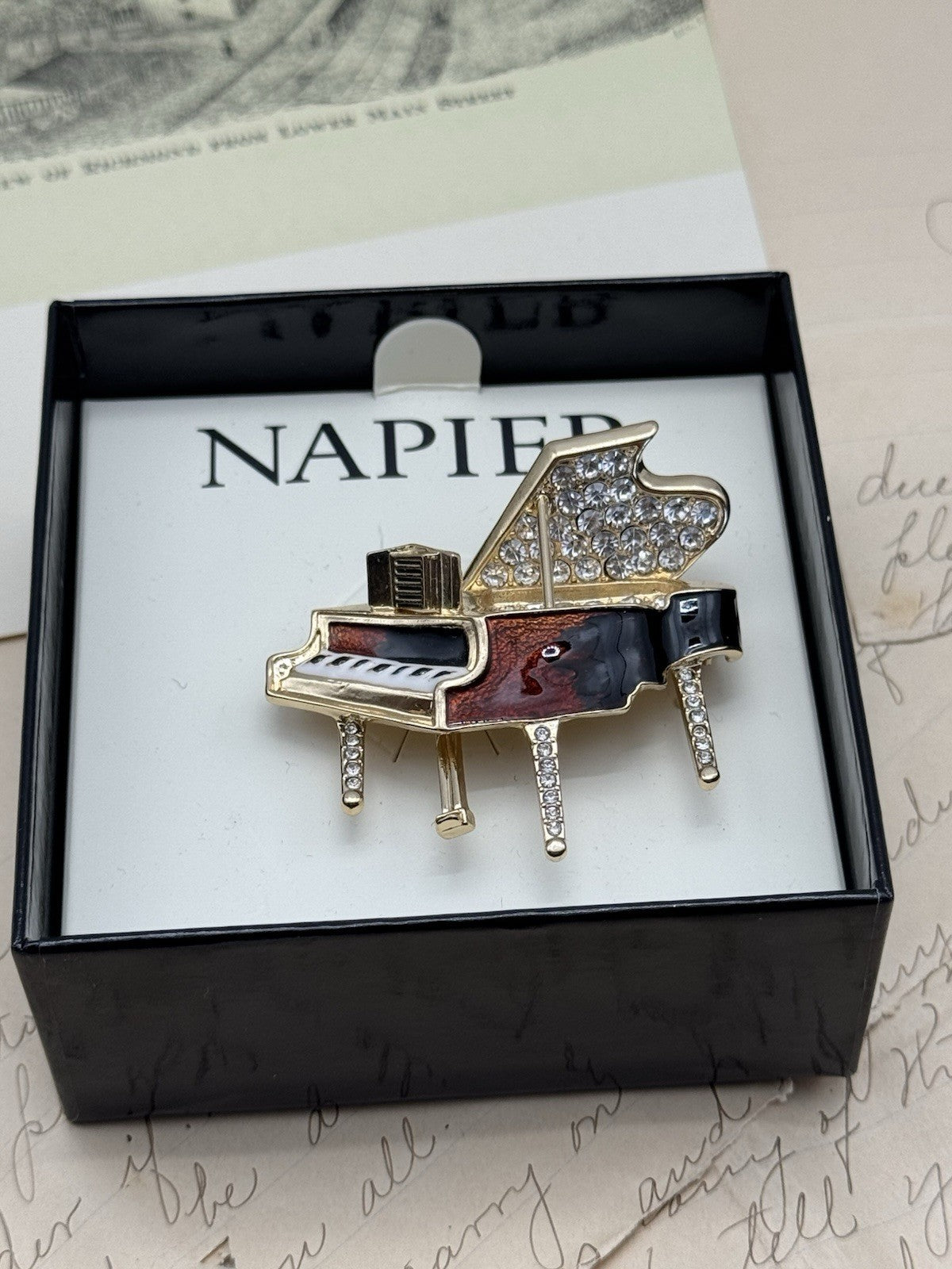 Vintage NAPIER Grand Piano Brooch Rhinestone Enamel