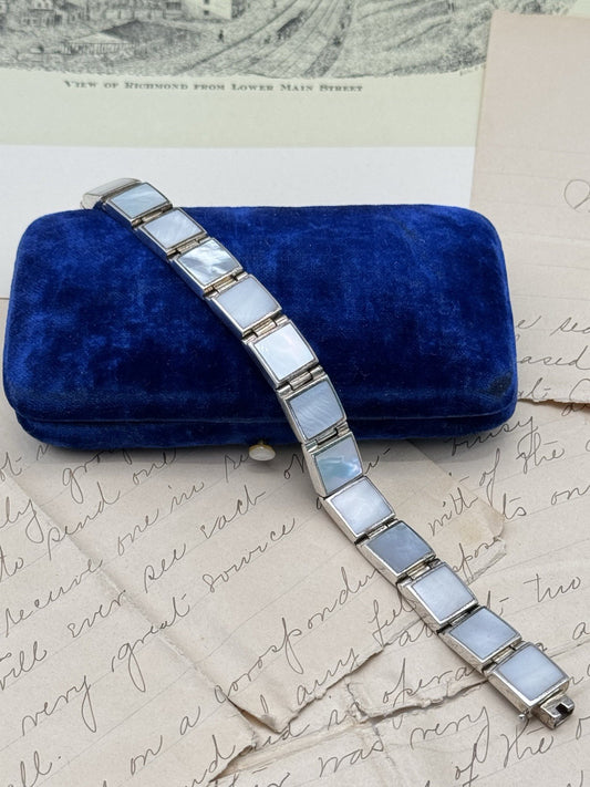 Vintage Signed FAS Mother Of Pearl Sterling Silver Panel Bracelet 6.5”