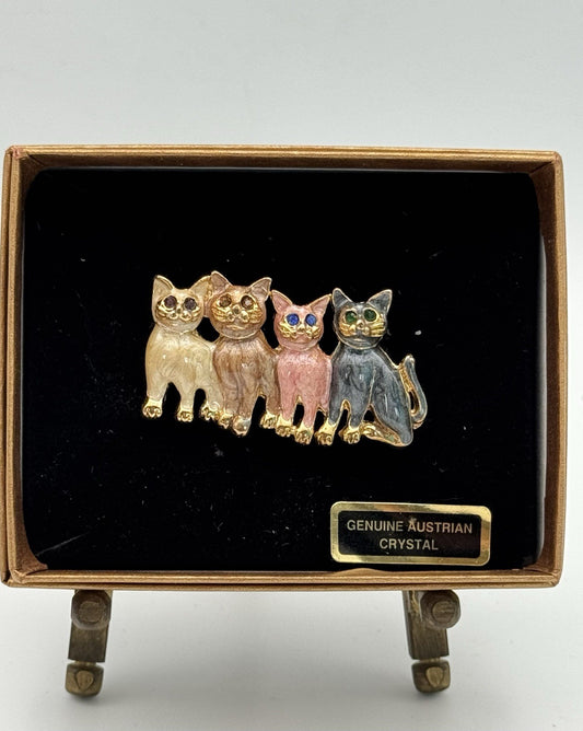 Vtg Enamel Four Cat Brooch Green Blue Brown Crystal Eyes Kitty Pin
