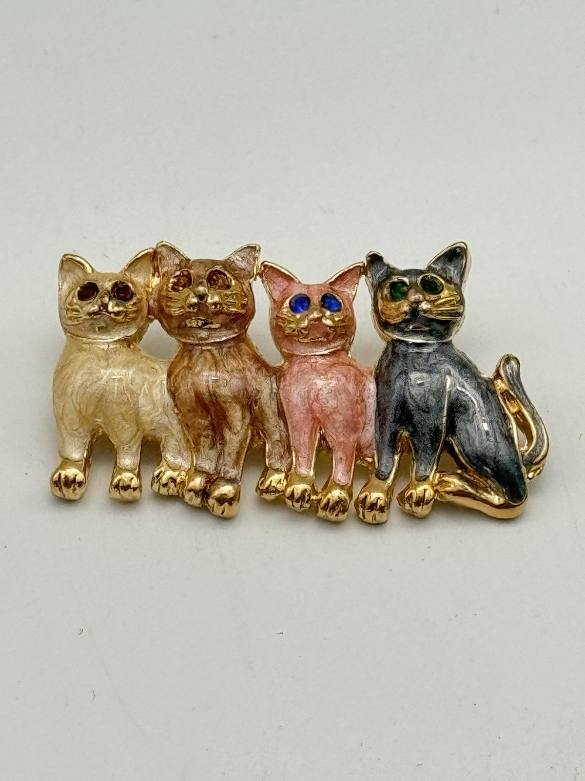 Vtg Enamel Four Cat Brooch Green Blue Brown Crystal Eyes Kitty Pin