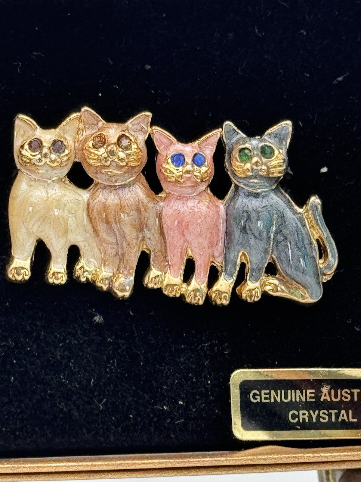 Vtg Enamel Four Cat Brooch Green Blue Brown Crystal Eyes Kitty Pin