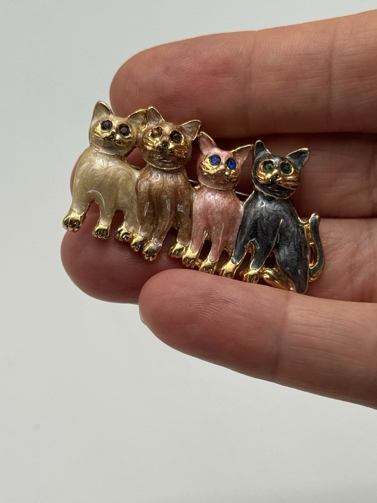 Vtg Enamel Four Cat Brooch Green Blue Brown Crystal Eyes Kitty Pin