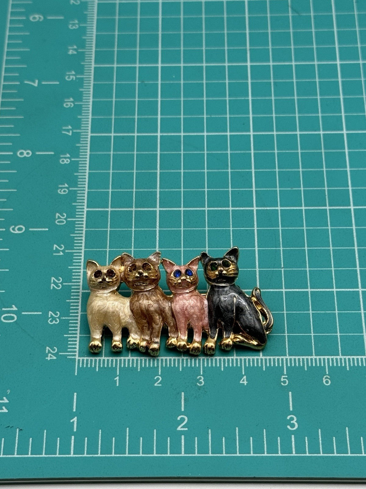 Vtg Enamel Four Cat Brooch Green Blue Brown Crystal Eyes Kitty Pin