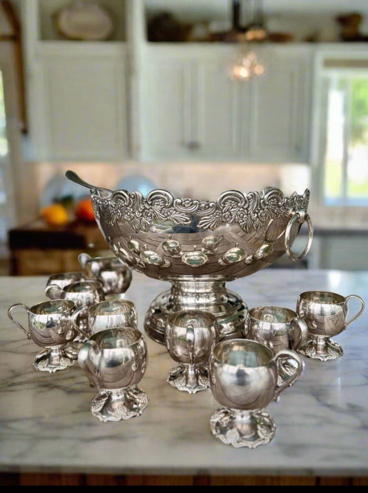 Vintage Silverplate Punchbowl Set 12 Cups & Ladle 13.5”d x 9”h