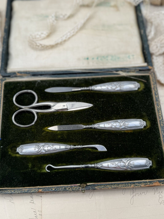 French Style ANTIQUE Necessaire Art Nouveau Travel Manicure Set Silverplate