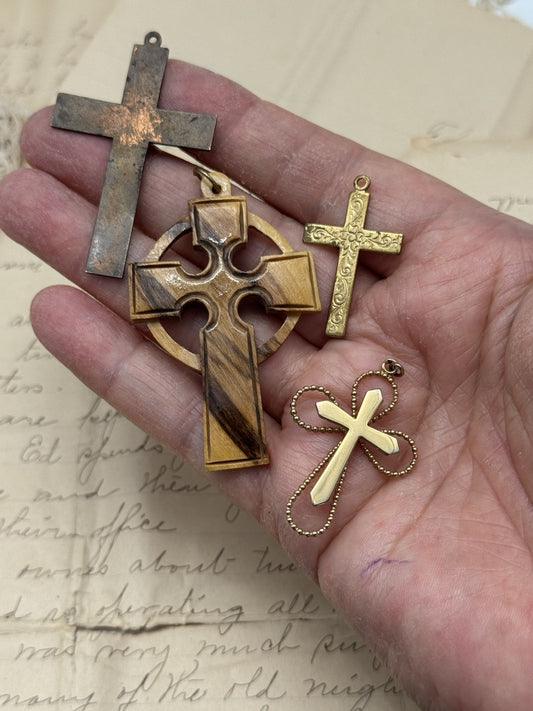 4 Vintage Cross Pendants LOT Wood Copper & Other
