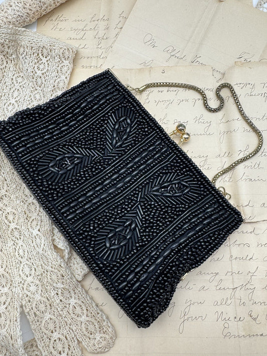 Vintage Black Beaded Evening Purse w/ chain