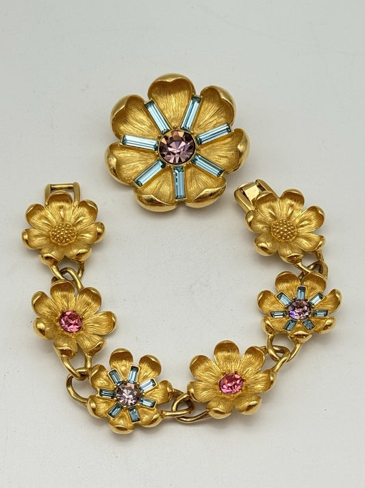 Vintage SIGNED TRIFARI TM Demi Parure Crystal Blue Purple Pink Brooch Bracelet 6.25”