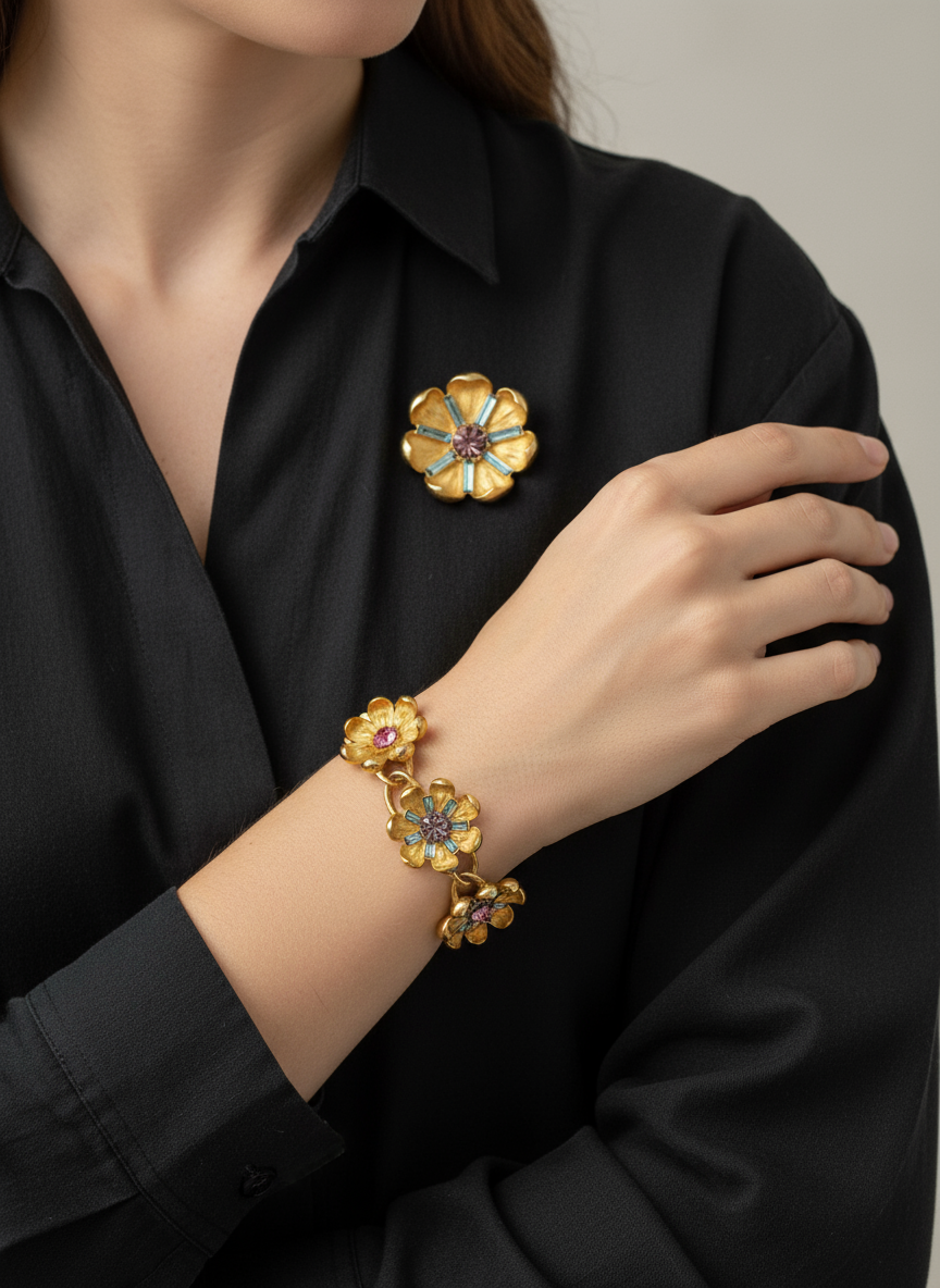 Vintage SIGNED TRIFARI TM Demi Parure Crystal Blue Purple Pink Brooch Bracelet 6.25”-6.5”