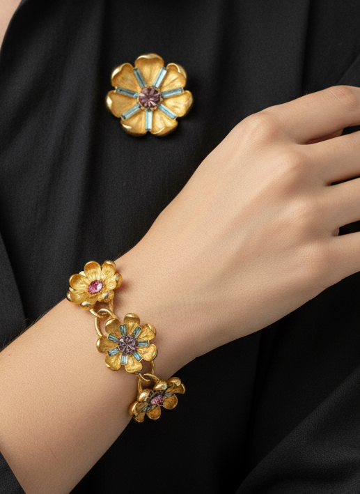 Vintage SIGNED TRIFARI TM Demi Parure Crystal Blue Purple Pink Brooch Bracelet 6.25”-6.5”