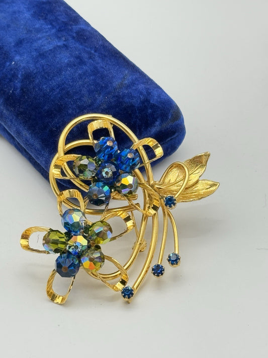 UNSIGNED HOBÉ Goldtone Blue Green AB Rhinestone Floral Spray