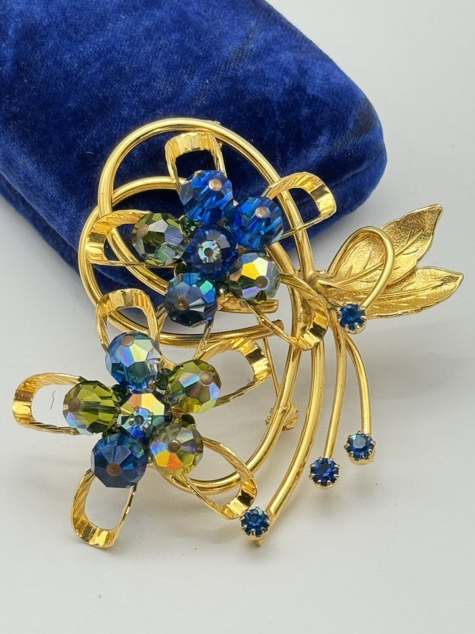 UNSIGNED HOBÉ Goldtone Blue Green AB Rhinestone Floral Spray