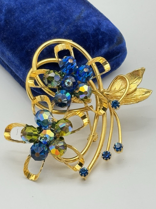 UNSIGNED HOBÉ Goldtone Blue Green AB Rhinestone Floral Spray