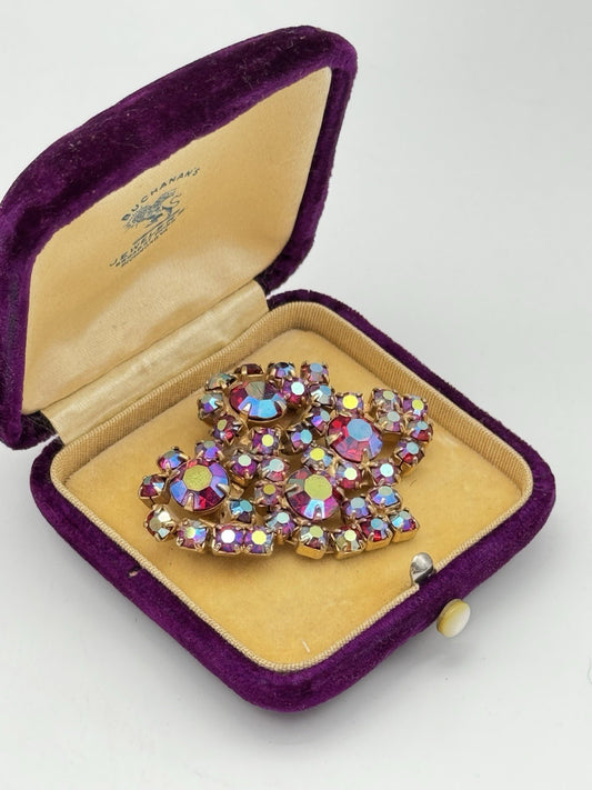 Vintage Brooch Red & Goldtone Rhinestone AB ESTATE FIND