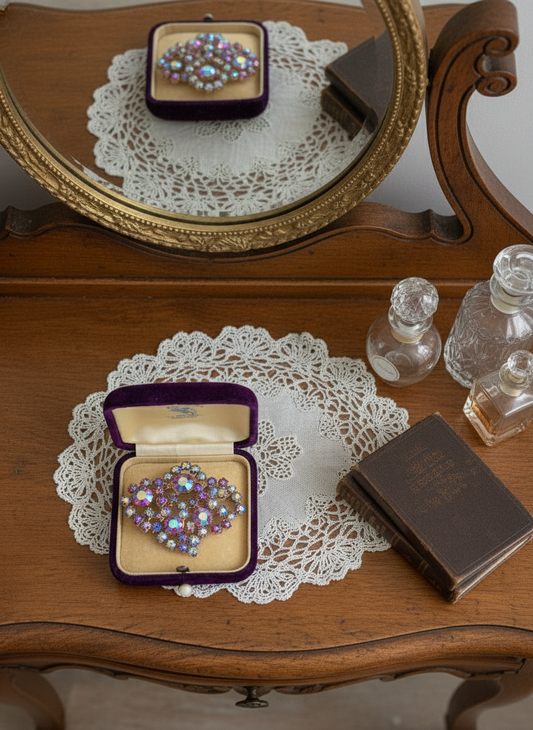 Vintage Brooch Red & Goldtone Rhinestone AB ESTATE FIND