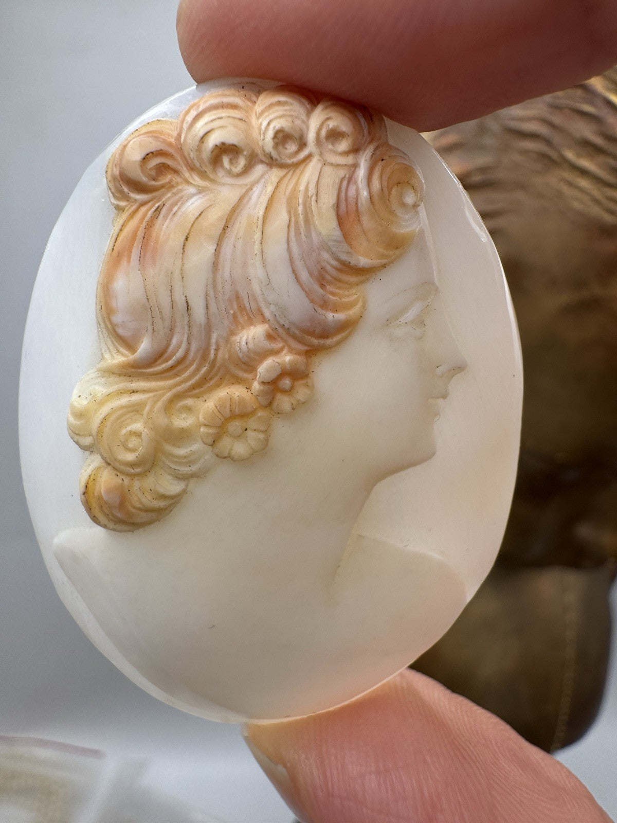 Unmounted Antique Cameo Right Facing Two Tone Hand Carved Circa 2”