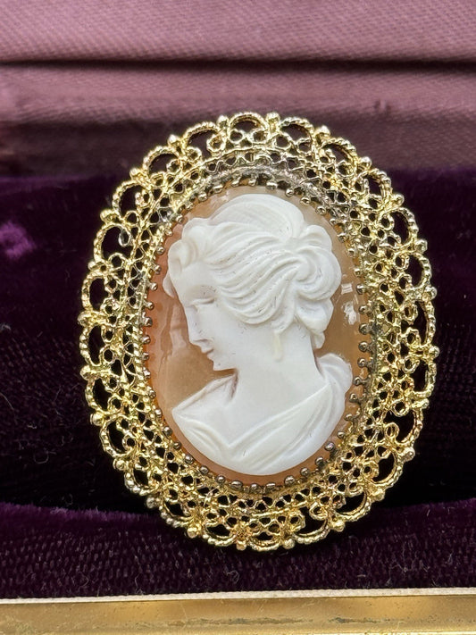 Vintage Carved Cameo Brooch Pendant Left Facing Signed KL Gold-Plated STERLING