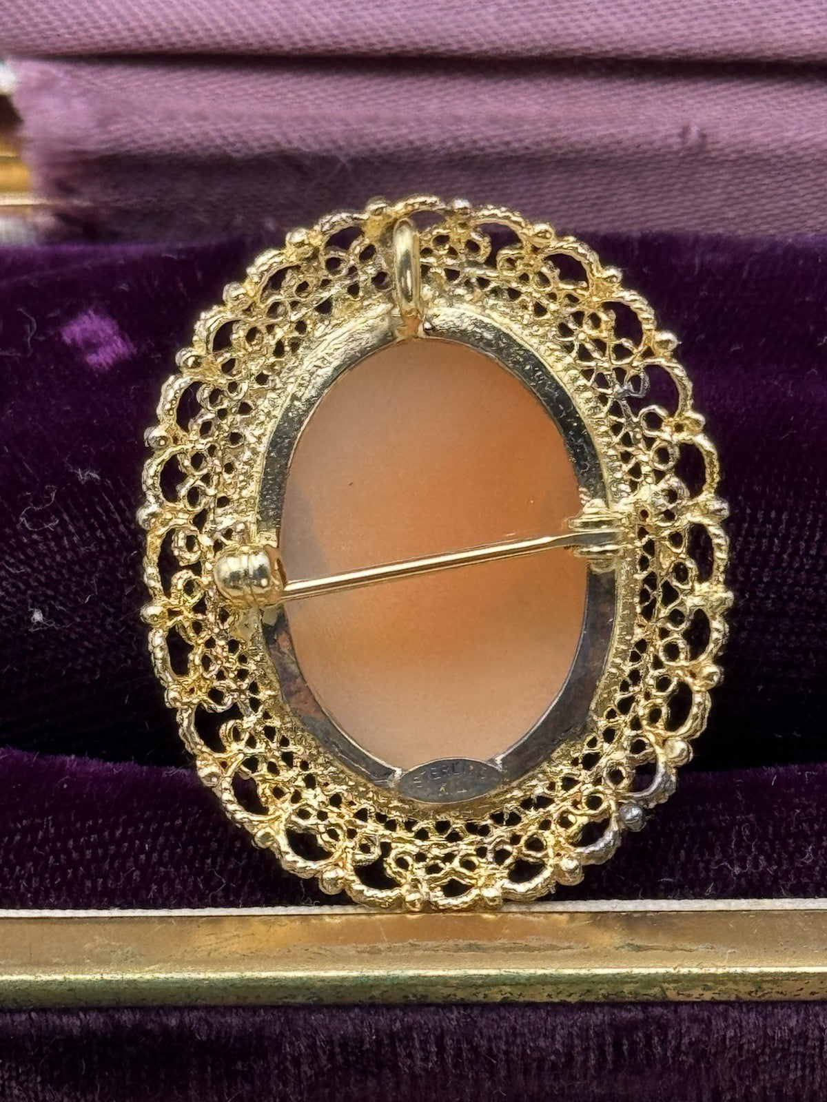 Vintage Carved Cameo Brooch Pendant Left Facing Signed KL Gold-Plated STERLING