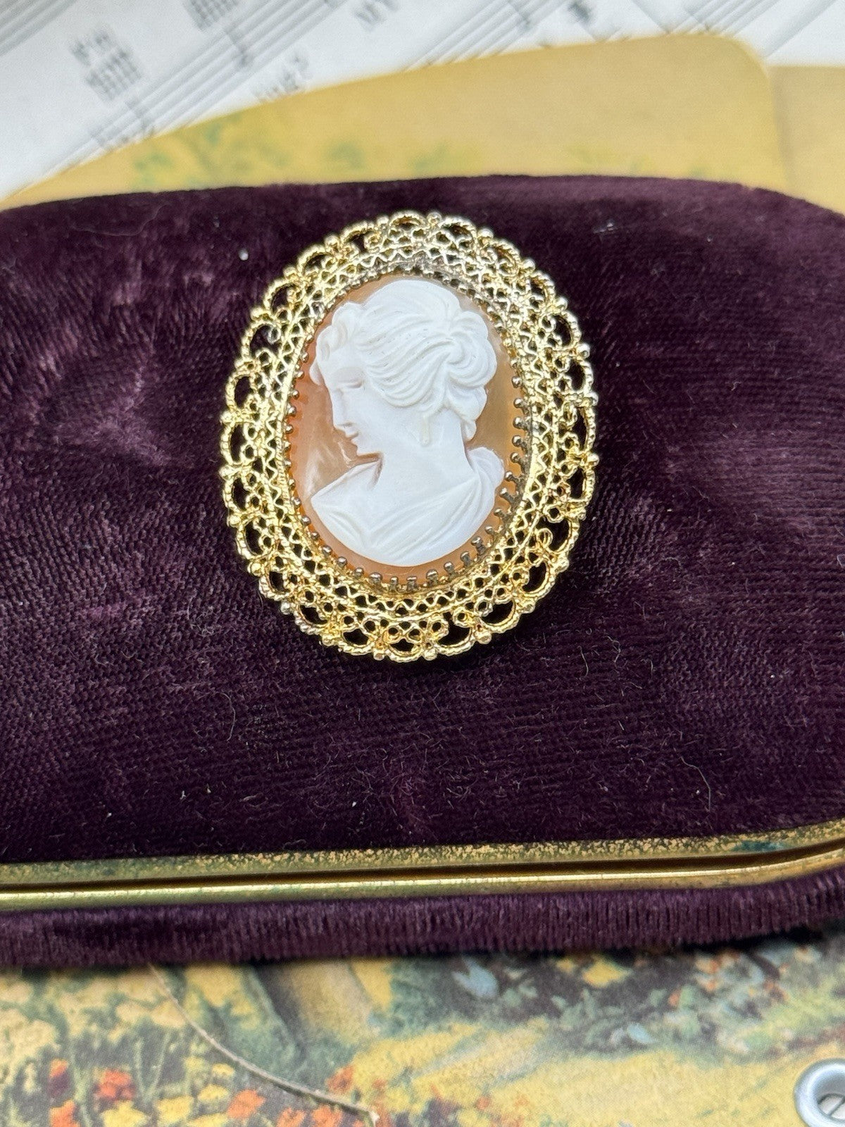 Vintage Carved Cameo Brooch Pendant Left Facing Signed KL Gold-Plated STERLING