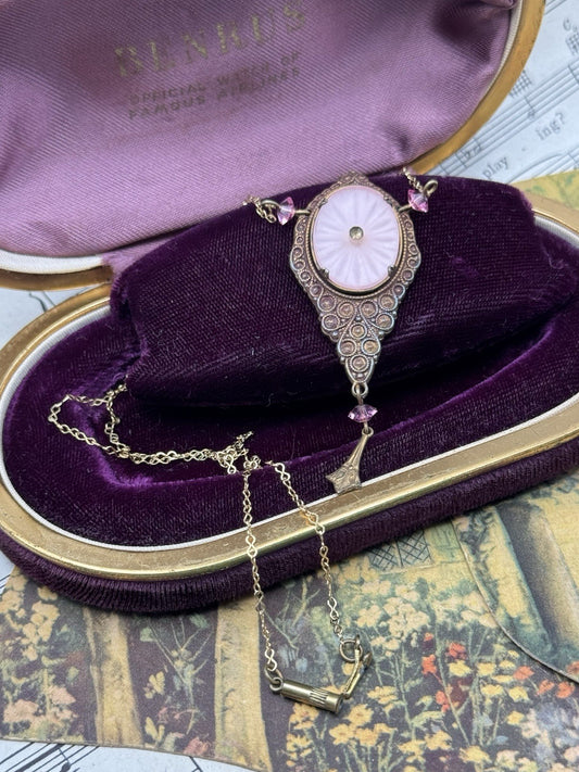 Vintage Pink Camphor Glass Pendant Necklace 20” Copper Goldtone