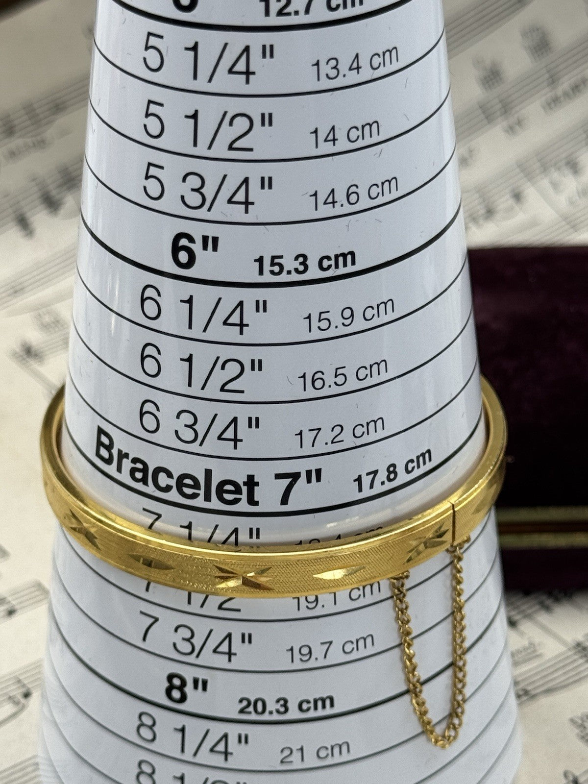 Vintage Goldtone Hinged Bangle Bracelet Geometric Design 7”+ SAFETY