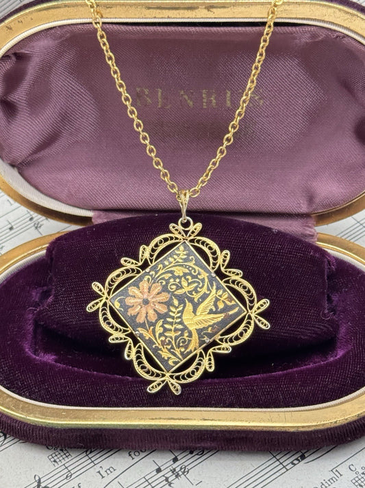 Vintage Damascene Bird Flower Filigree Ca.2” x 1.75” On 20” Goldtone Chain