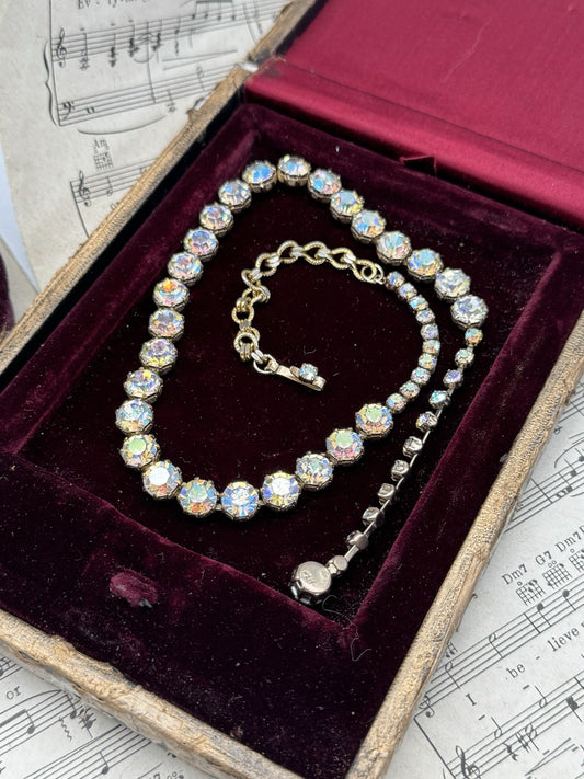 Vintage SIGNED WEISS Rhinestone AB Choker Necklace 17.5”l Hook Closure