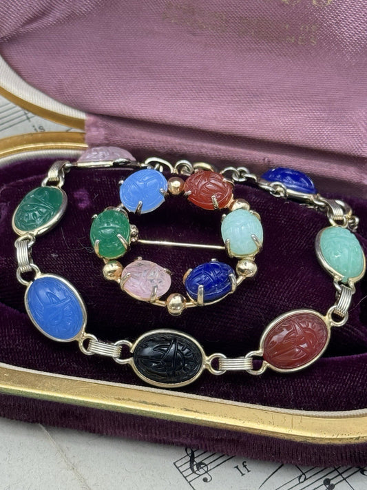 Vintage Egyptian Revival Bracelet 7.25” & Brooch Set Scarabs Multicolor