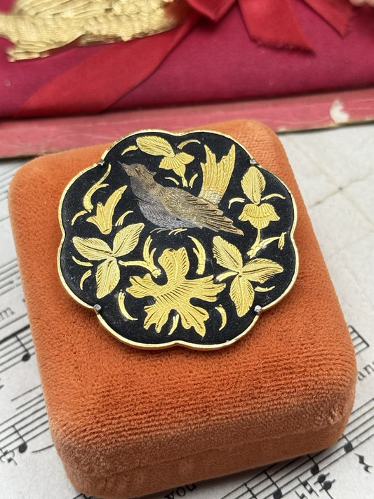 Vintage Damascene Floral Bird Motif Brooch Trombone Clasp 1.5”d ESTATE FIND