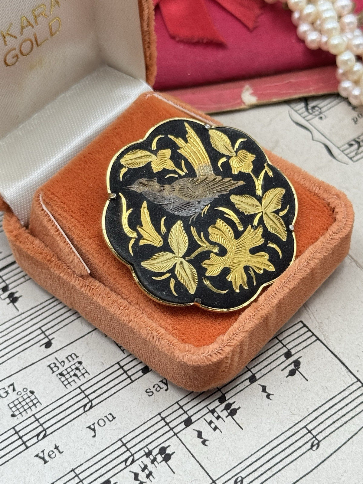 Vintage Damascene Floral Bird Motif Brooch Trombone Clasp 1.5”d ESTATE FIND