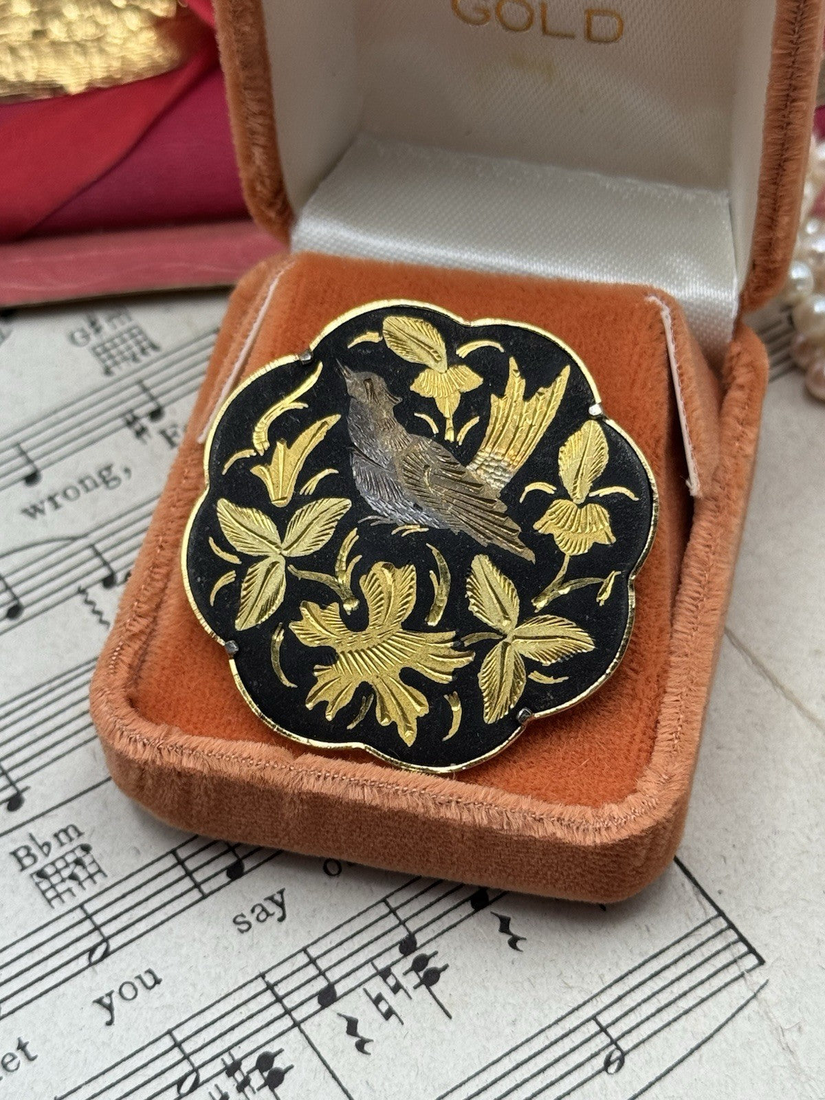 Vintage Damascene Floral Bird Motif Brooch Trombone Clasp 1.5”d ESTATE FIND
