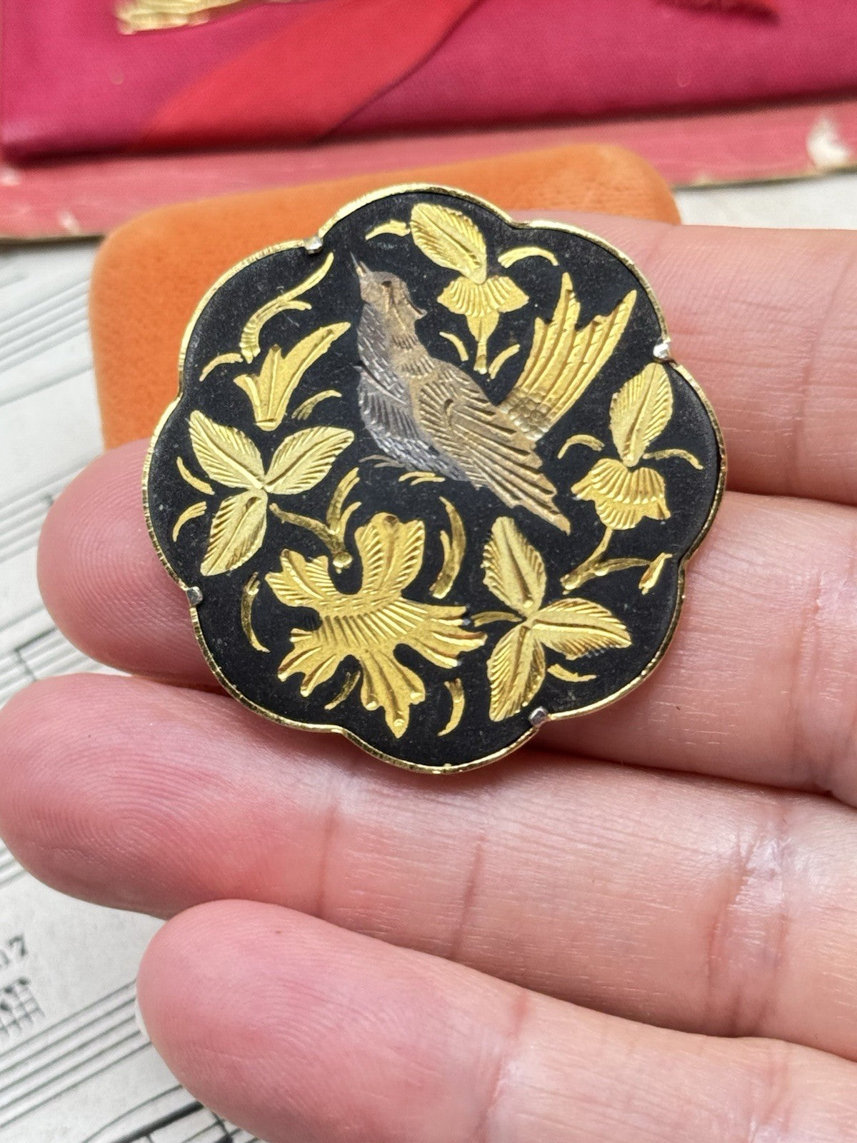 Vintage Damascene Floral Bird Motif Brooch Trombone Clasp 1.5”d ESTATE FIND
