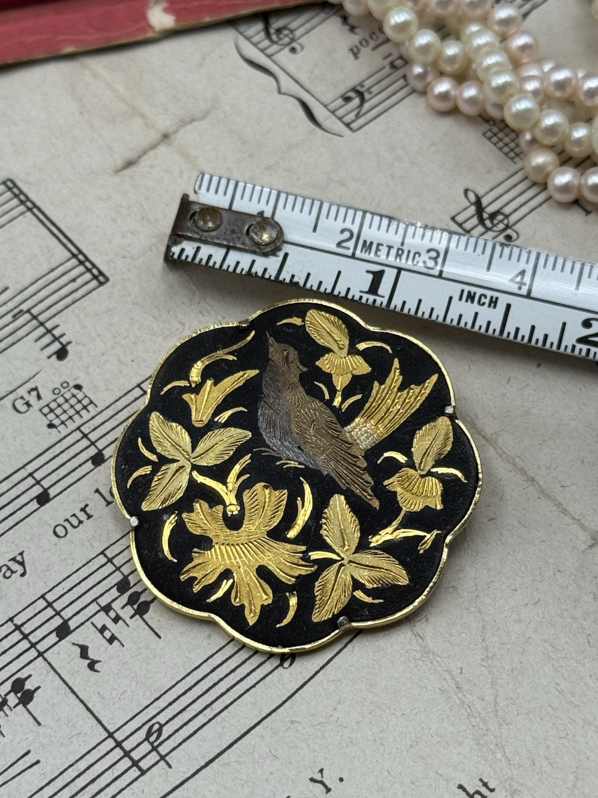 Vintage Damascene Floral Bird Motif Brooch Trombone Clasp 1.5”d ESTATE FIND